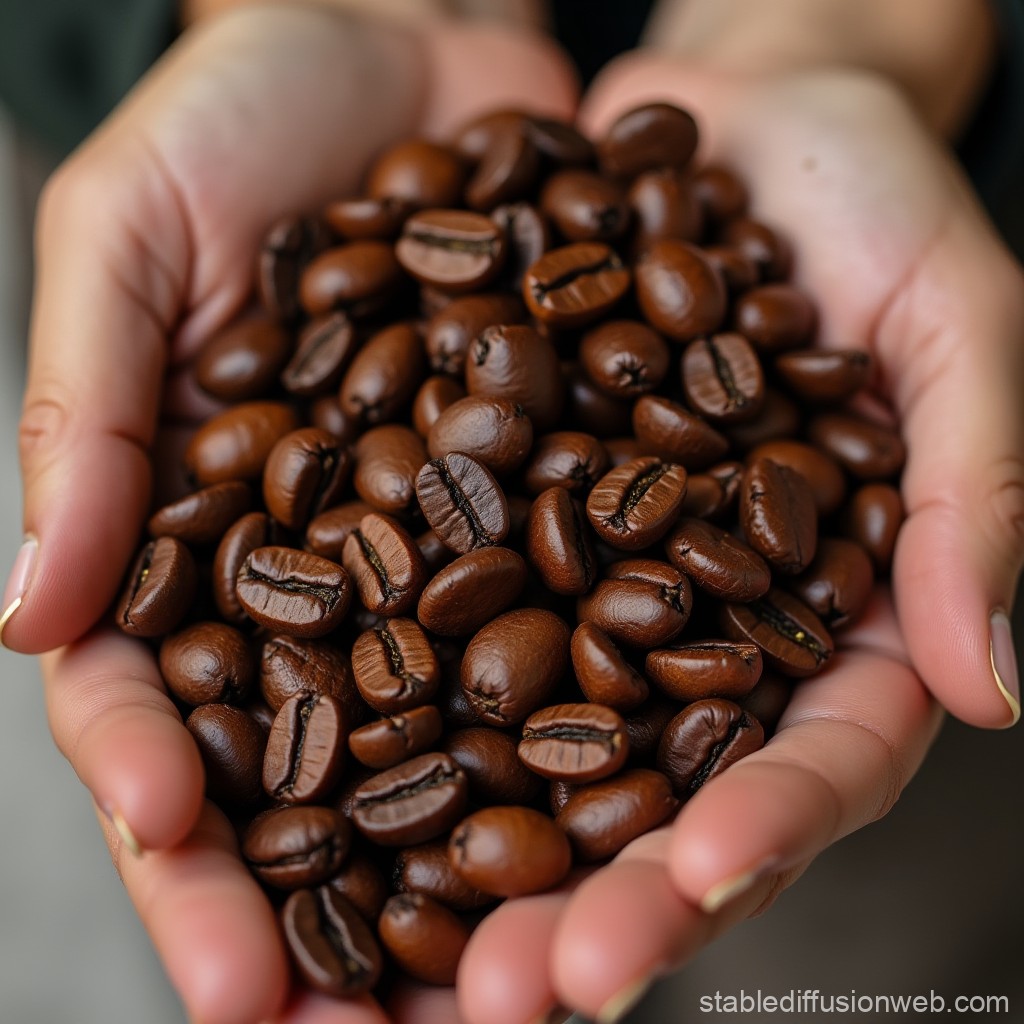 Premium coffee beans cupped in hands showing rich brown color and oily surface perfect for brewing espresso and specialty coffee drinks