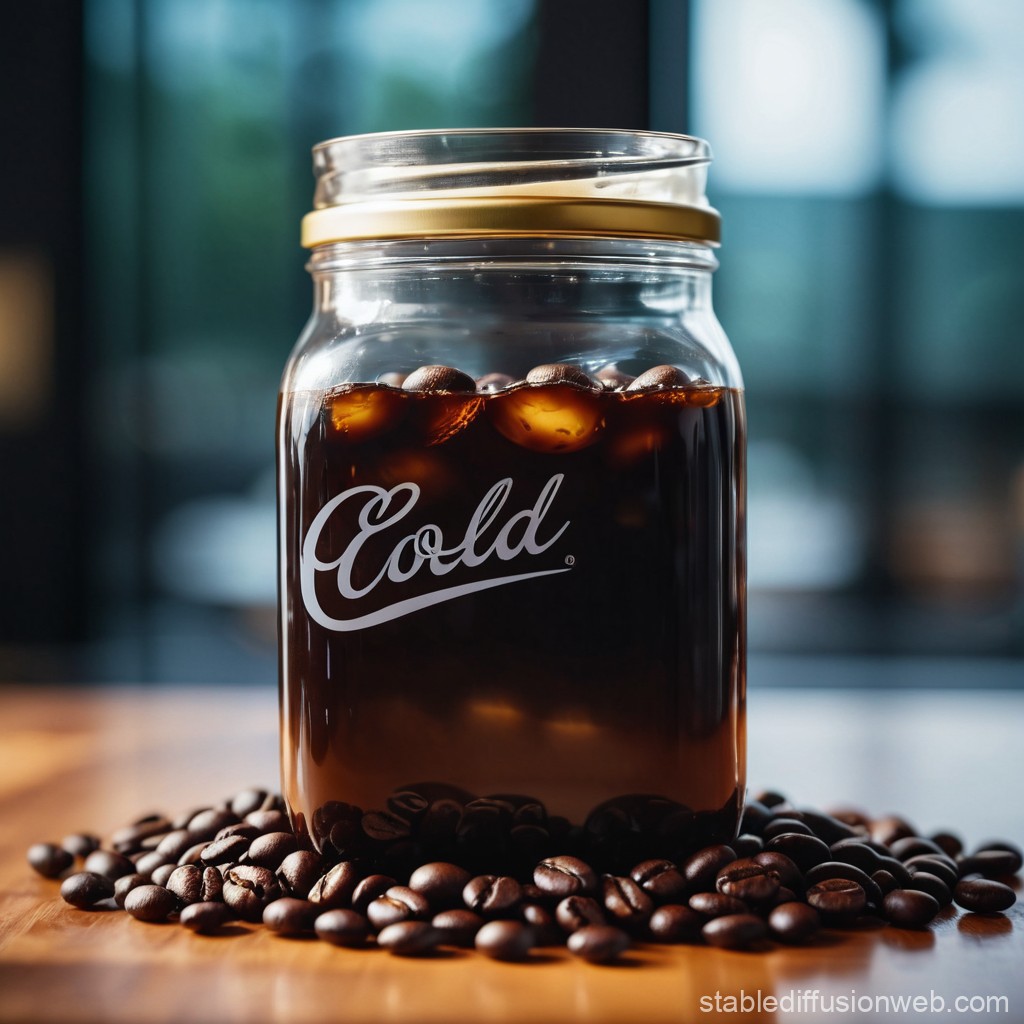 Coarsely ground coffee beans steeping in a large glass jar filled with cold water for cold brew preparation